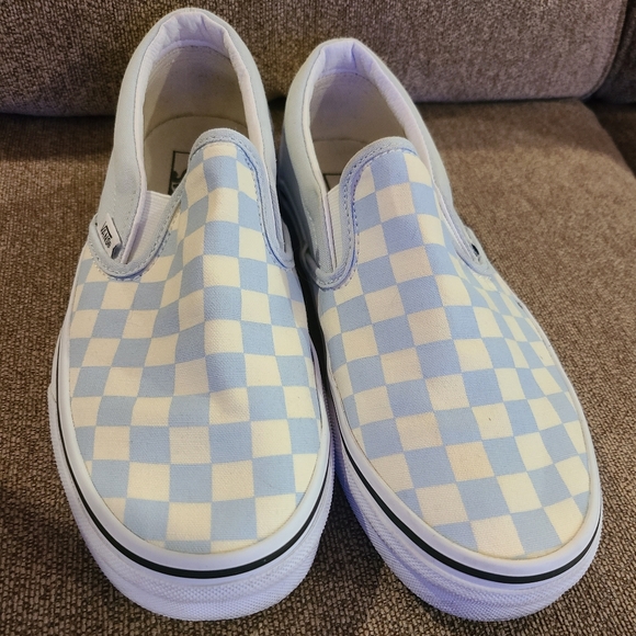 Vans slip on canvas shoes.  Light blue checkerboard Wonen's size 7 - Picture 1 of 13